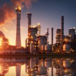 Oil refinery plant for crude oil industry on desert in evening t