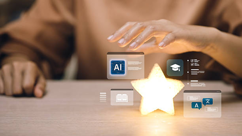 Hand interacting with glowing star and AI icons