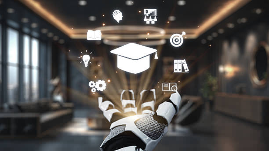 Robot hand displaying digital education icons