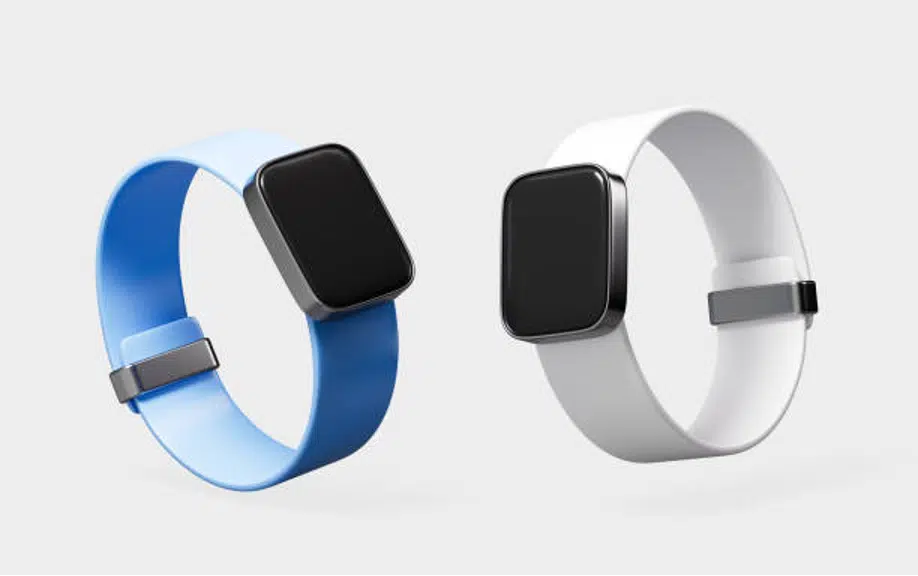 Two modern smartwatches with blue and white bands