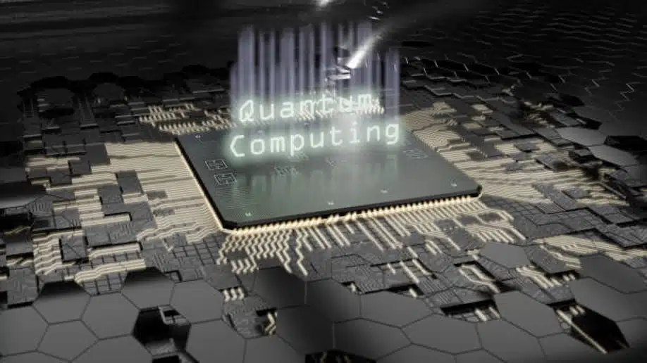 Quantum computing chip with glowing digital circuits