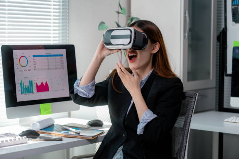 Businesswoman exploring virtual reality in modern office