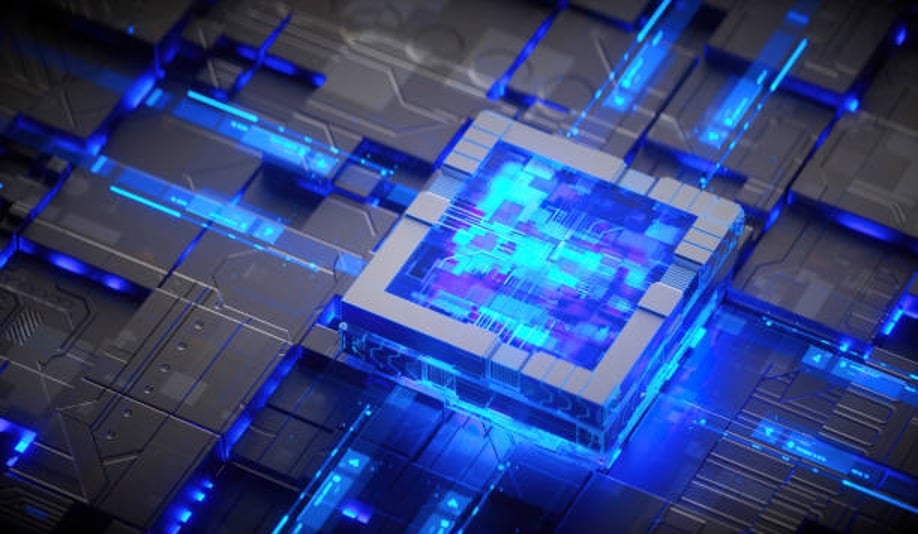 Futuristic glowing blue microchip technology concept