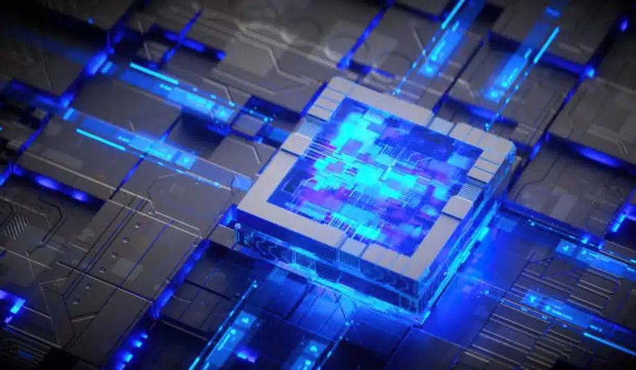 Futuristic glowing blue microchip technology concept