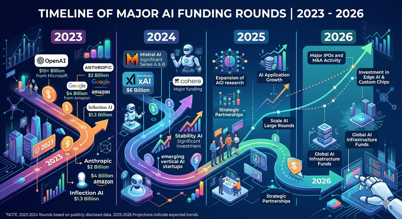 Timeline of major AI funding rounds 2023-2026